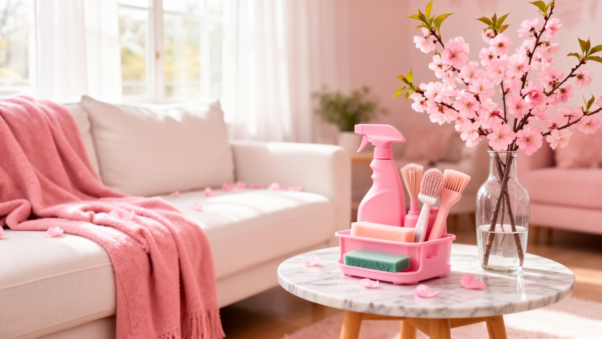 Pink cleaning supplies flat lay
