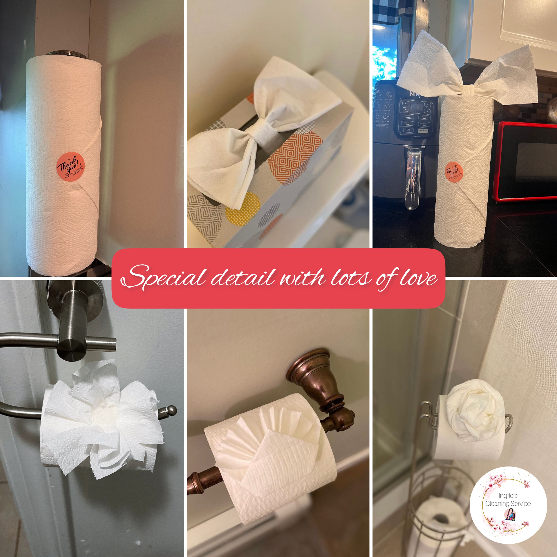 Special touches left in our customers' homes — folded towels, decorative paper rolls, and thank-you notes.