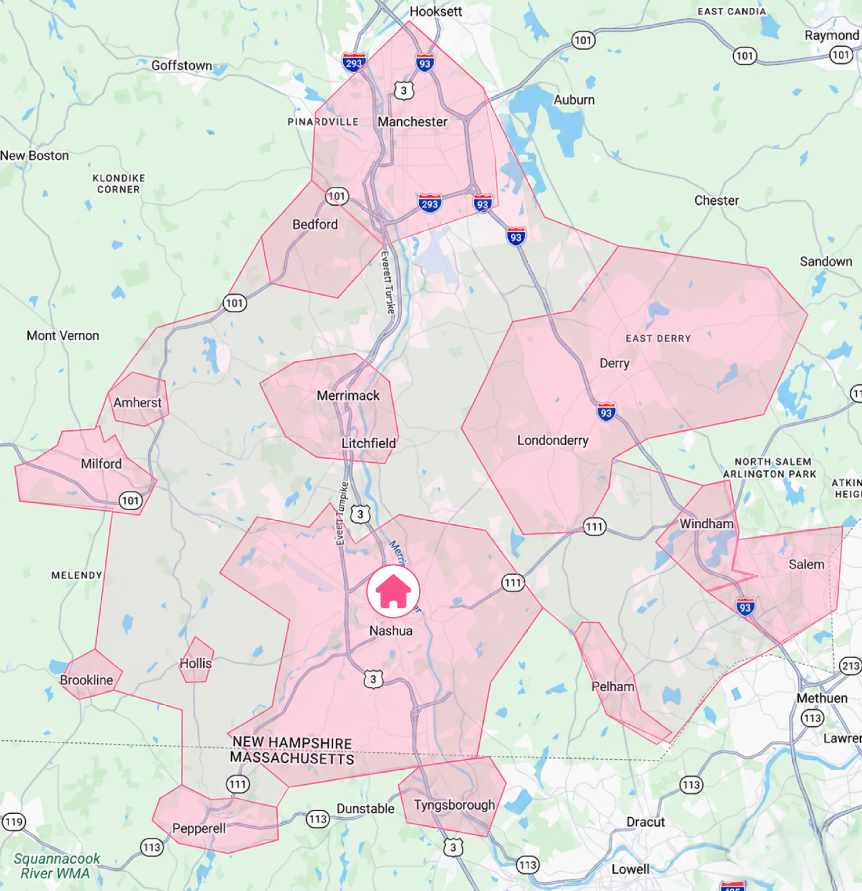 Map of Ingrid's service area around Nashua, NH — Amherst, Bedford, Brookline, Hollis, Milford, Manchester, Merrimack, Derry, Windham, Salem, Tyngsborough